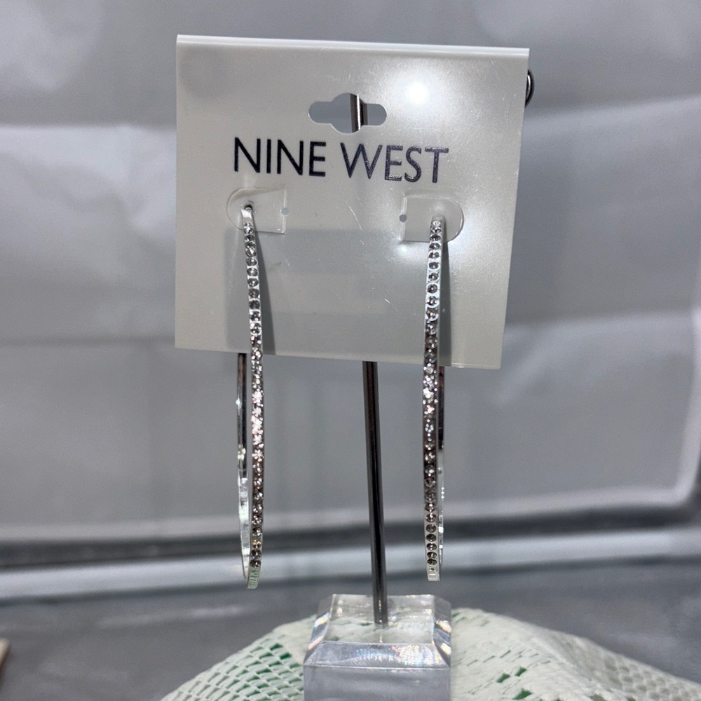 NWT Nine West Silver Crystal-Studded Hoop Earrings